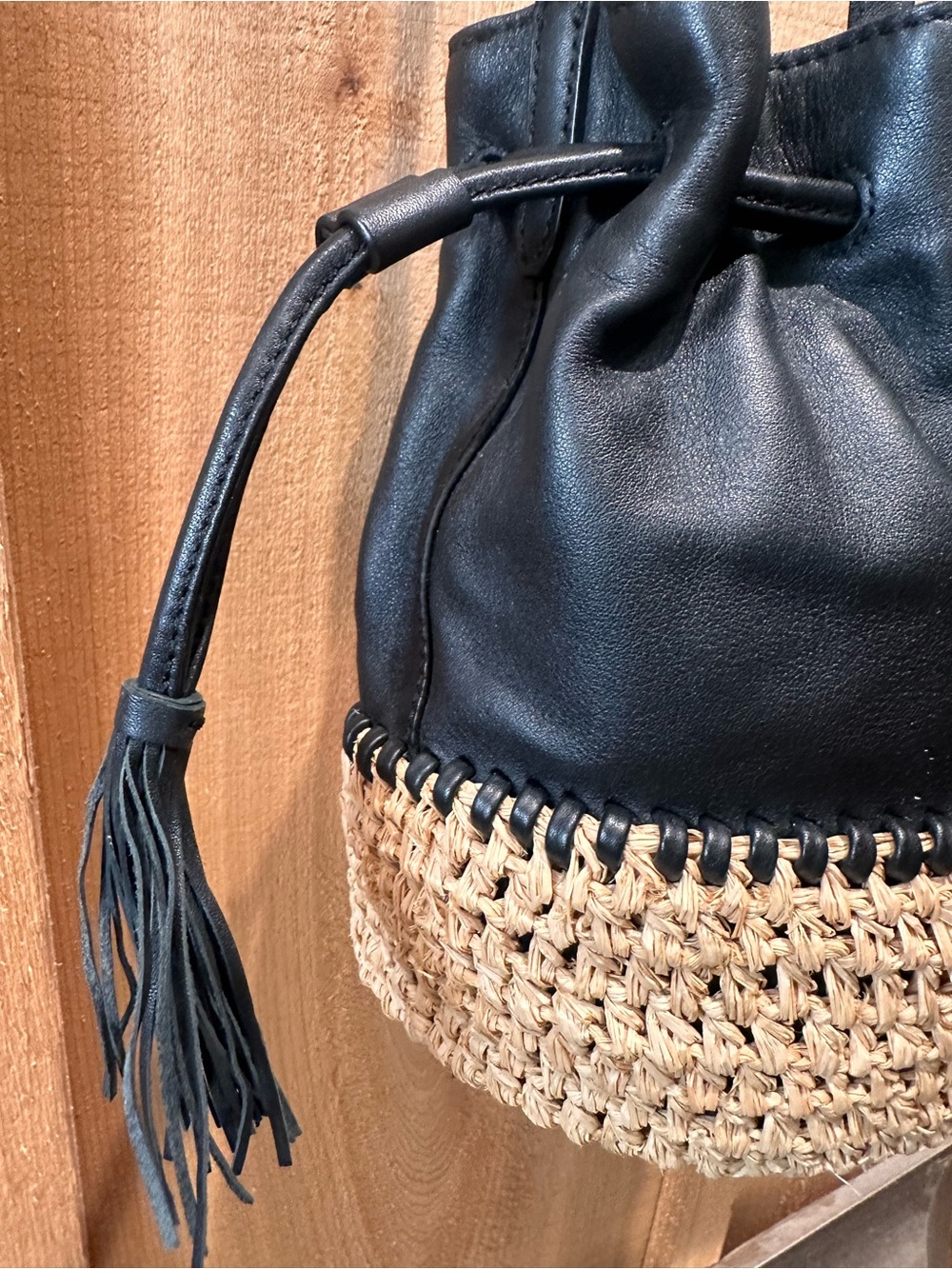 Loeffler Randall Black Leather and Raffia Drawstring Bucket Bag - Picture 5 of 12